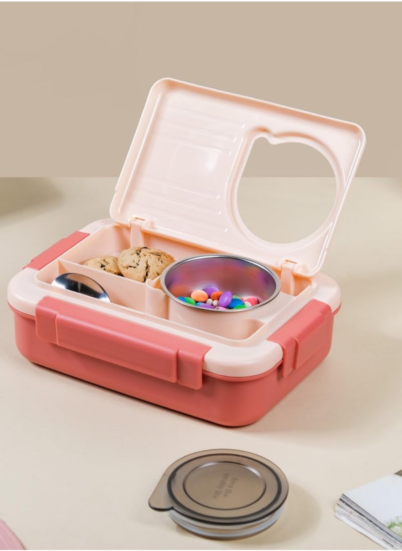 Twisoo 4 Compartment Bento Steel Lunchbox for Teenagers Adults Double Decker SUS 304 Stainless Steel Leakproof Spill proof with Soup Bowl Spoon and Chopsticks (Pink)