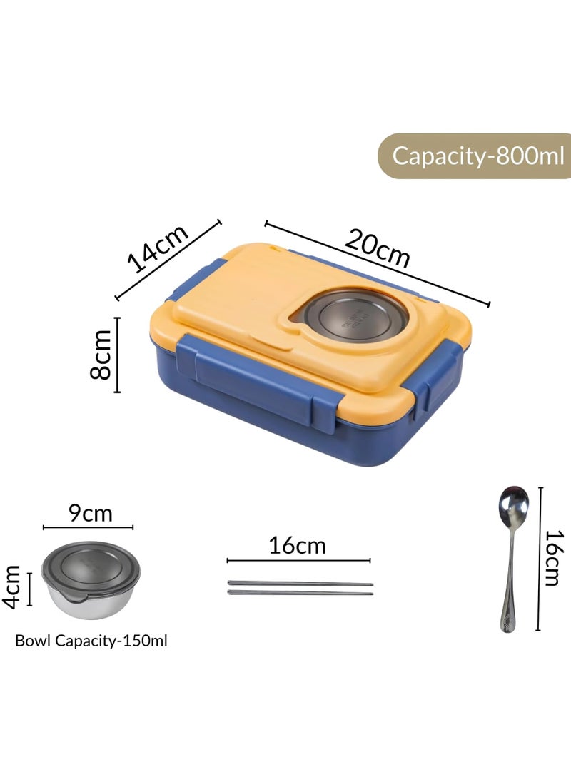 Twisoo 4 Compartment Bento Steel Lunchbox for Teenagers Adults Double Decker SUS 304 Stainless Steel Leakproof Spill proof with Soup Bowl Spoon and Chopsticks (Yellow)