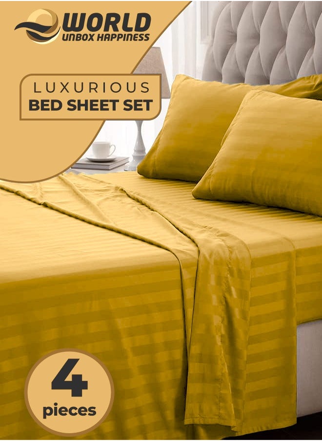 4-Piece Luxury Gold Striped Bedding Set Includes 1 Regular Bedsheet, 1 Fitted Bed Sheet, and 2 Pillow Cases for Ultimate Hotel-Inspired Sophistication in King, Queen and Single Sizes