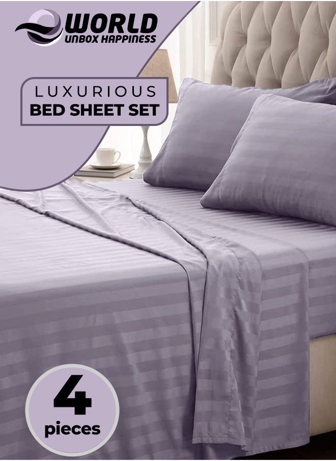 4-Piece Luxury Purple Striped Bedding Set Includes 1 Regular Bedsheet, 1 Fitted Bed Sheet, and 2 Pillow Cases for Ultimate Hotel-Inspired Sophistication in King, Queen and Single Sizes