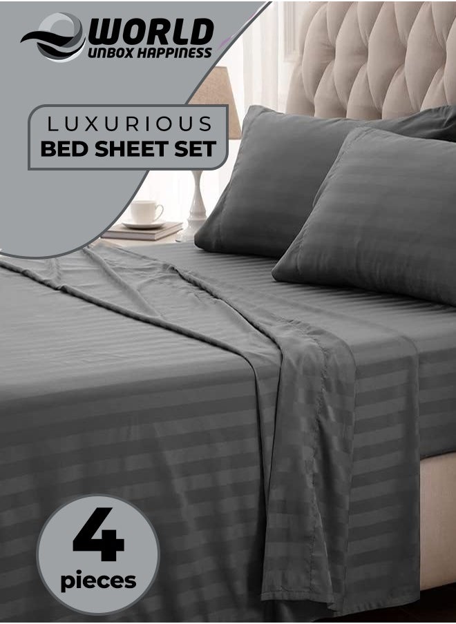 4-Piece Luxury Grey Striped Bedding Set Includes 1 Regular Bedsheet, 1 Fitted Bed Sheet, and 2 Pillow Cases for Ultimate Hotel-Inspired Sophistication in King, Queen and Single Sizes