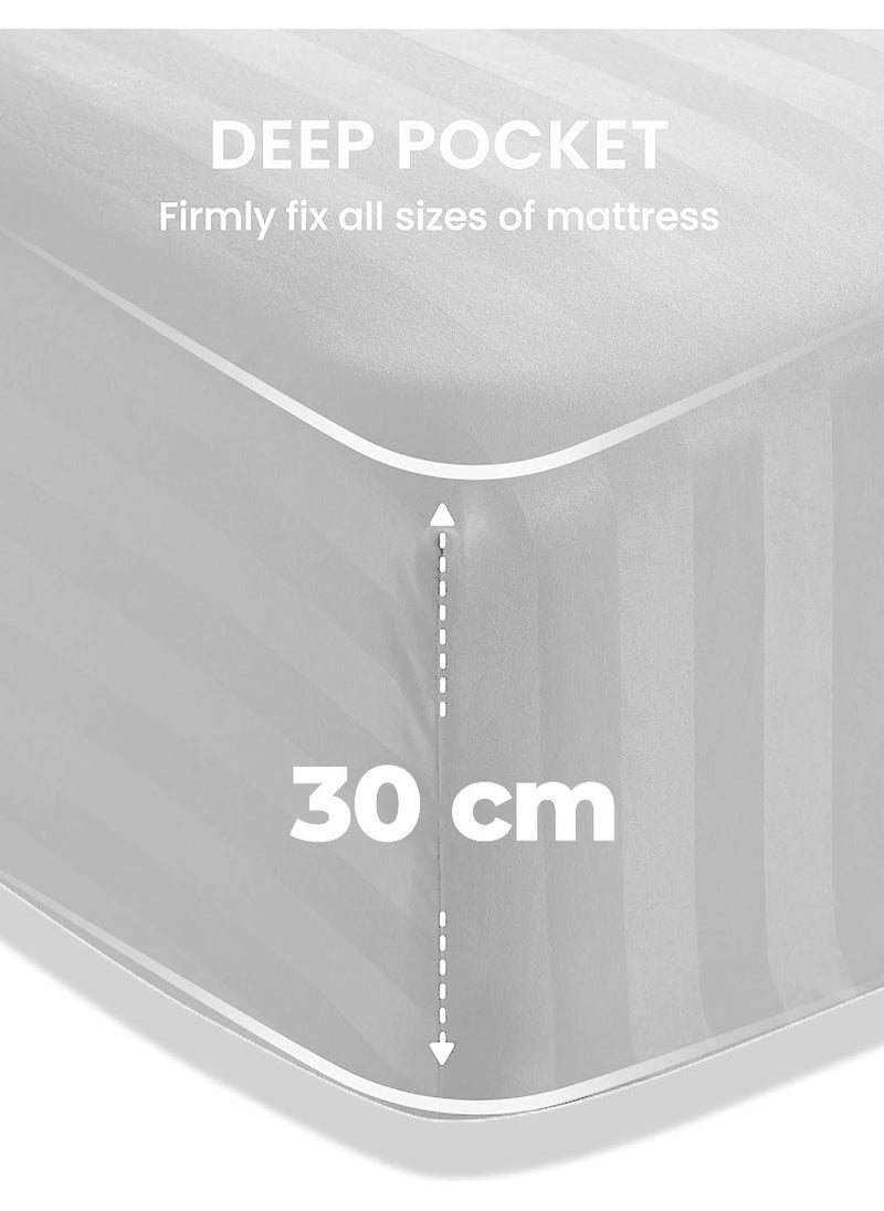 4-Piece Luxury White Striped Bedding Set Includes 1 Regular Bedsheet, 1 Fitted Bed Sheet, and 2 Pillow Cases for Ultimate Hotel-Inspired Sophistication in King, Queen and Single Sizes