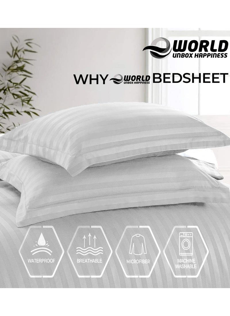 4-Piece Luxury White Striped Bedding Set Includes 1 Regular Bedsheet, 1 Fitted Bed Sheet, and 2 Pillow Cases for Ultimate Hotel-Inspired Sophistication in King, Queen and Single Sizes