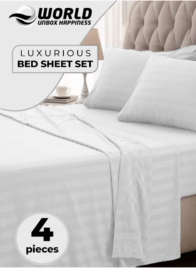 4-Piece Luxury White Striped Bedding Set Includes 1 Regular Bedsheet, 1 Fitted Bed Sheet, and 2 Pillow Cases for Ultimate Hotel-Inspired Sophistication in King, Queen and Single Sizes