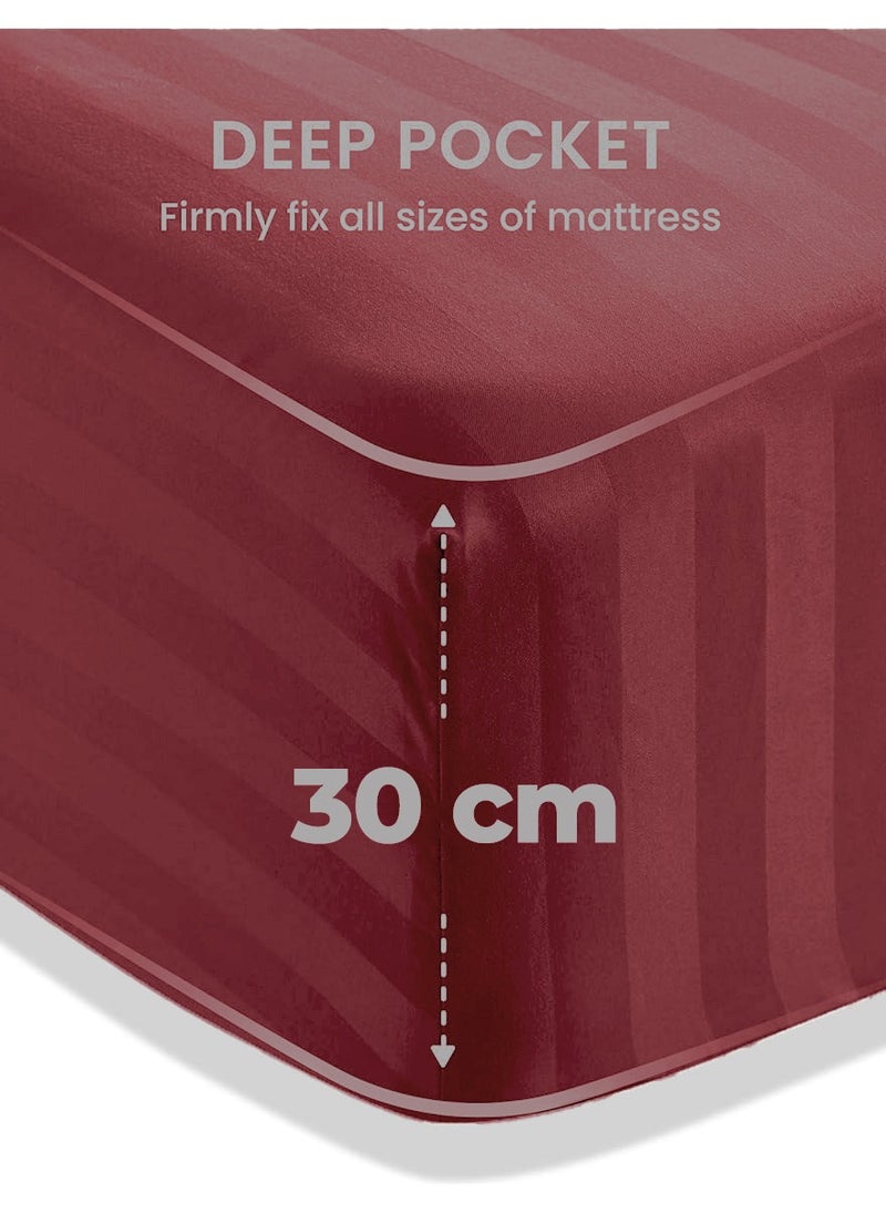 4-Piece Luxury Maroon Striped Bedding Set Includes 1 Regular Bedsheet, 1 Fitted Bed Sheet, and 2 Pillow Cases for Ultimate Hotel-Inspired Sophistication in King, Queen and Single Sizes