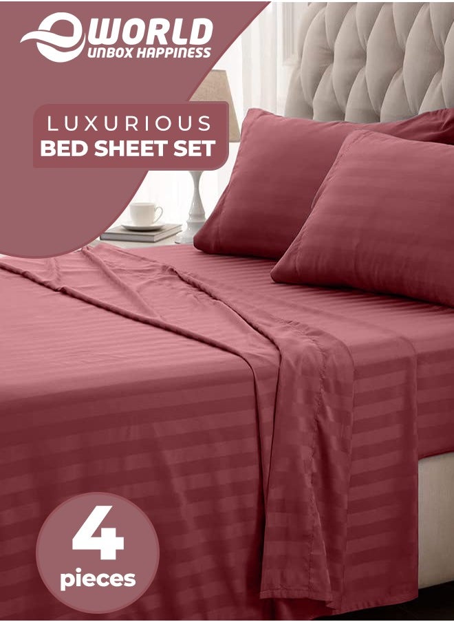 4-Piece Luxury Maroon Striped Bedding Set Includes 1 Regular Bedsheet, 1 Fitted Bed Sheet, and 2 Pillow Cases for Ultimate Hotel-Inspired Sophistication in King, Queen and Single Sizes