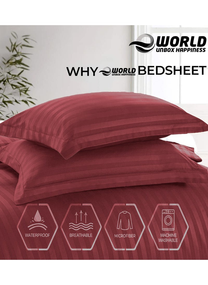 4-Piece Luxury Maroon Striped Bedding Set Includes 1 Regular Bedsheet, 1 Fitted Bed Sheet, and 2 Pillow Cases for Ultimate Hotel-Inspired Sophistication in King, Queen and Single Sizes