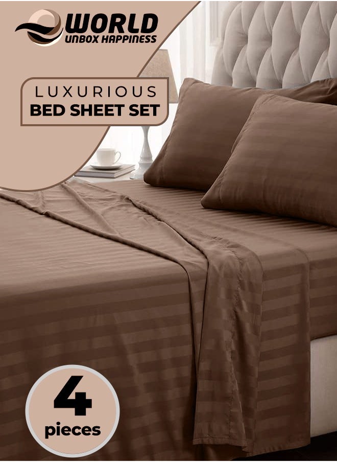 4-Piece Luxury Brown Striped Bedding Set Includes 1 Regular Bedsheet, 1 Fitted Bed Sheet, and 2 Pillow Cases for Ultimate Hotel-Inspired Sophistication in King, Queen and Single Sizes