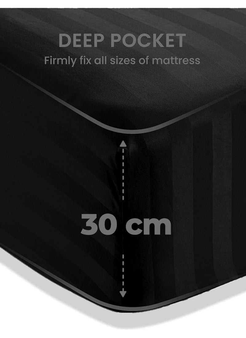 4-Piece Luxury Black Striped Bedding Set Includes 1 Regular Bedsheet, 1 Fitted Bed Sheet, and 2 Pillow Cases for Ultimate Hotel-Inspired Sophistication in King, Queen and Single Sizes