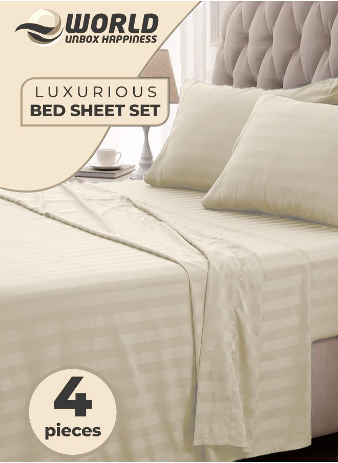 4-Piece Luxury Cream Striped Bedding Set Includes 1 Regular Bedsheet, 1 Fitted Bed Sheet, and 2 Pillow Cases for Ultimate Hotel-Inspired Sophistication in King, Queen and Single Sizes