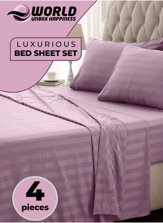 4-Piece Luxury Pink Striped Bedding Set Includes 1 Regular Bedsheet, 1 Fitted Bed Sheet, and 2 Pillow Cases for Ultimate Hotel-Inspired Sophistication in King, Queen and Single Sizes