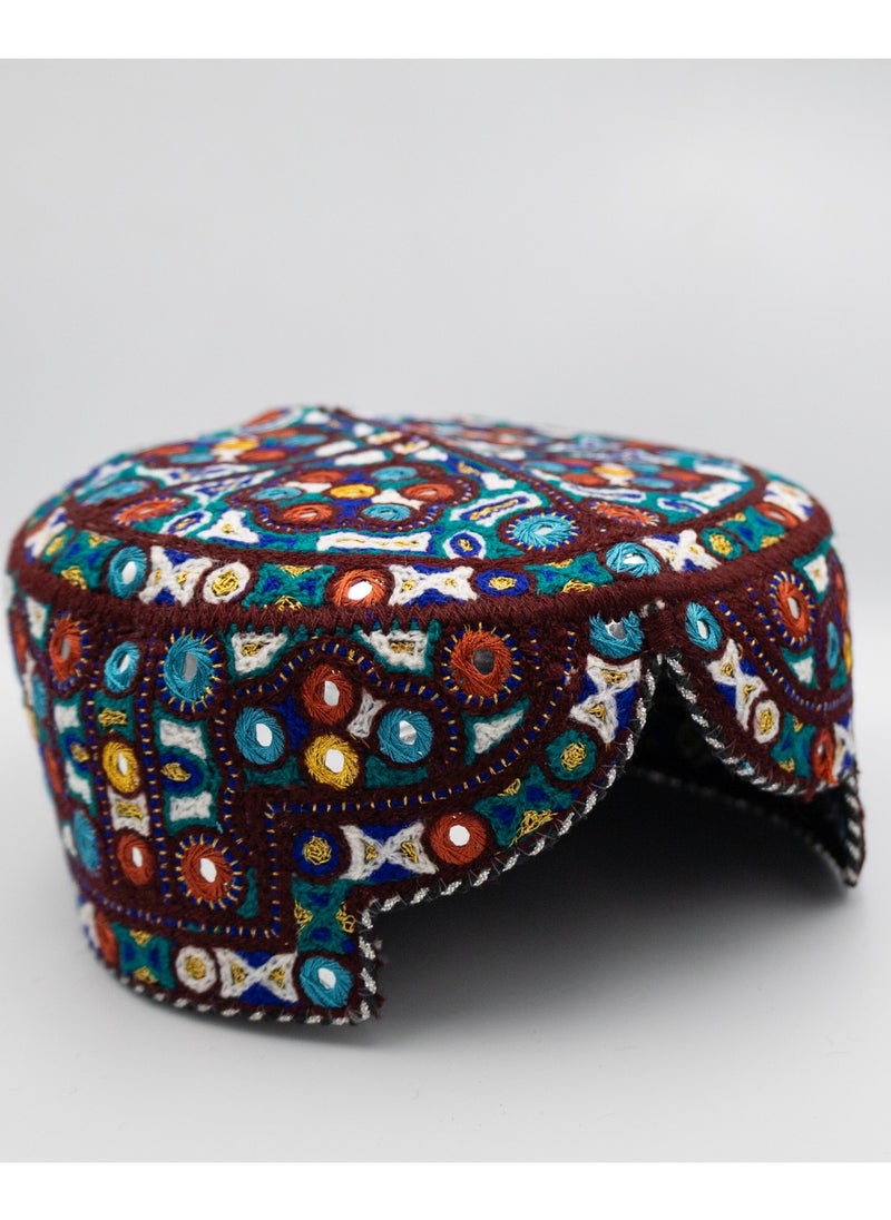Handmade Sindhi Embroidered Cap - Traditional Ajrak & Mirror Work (Kids' Cultural Headwear)
