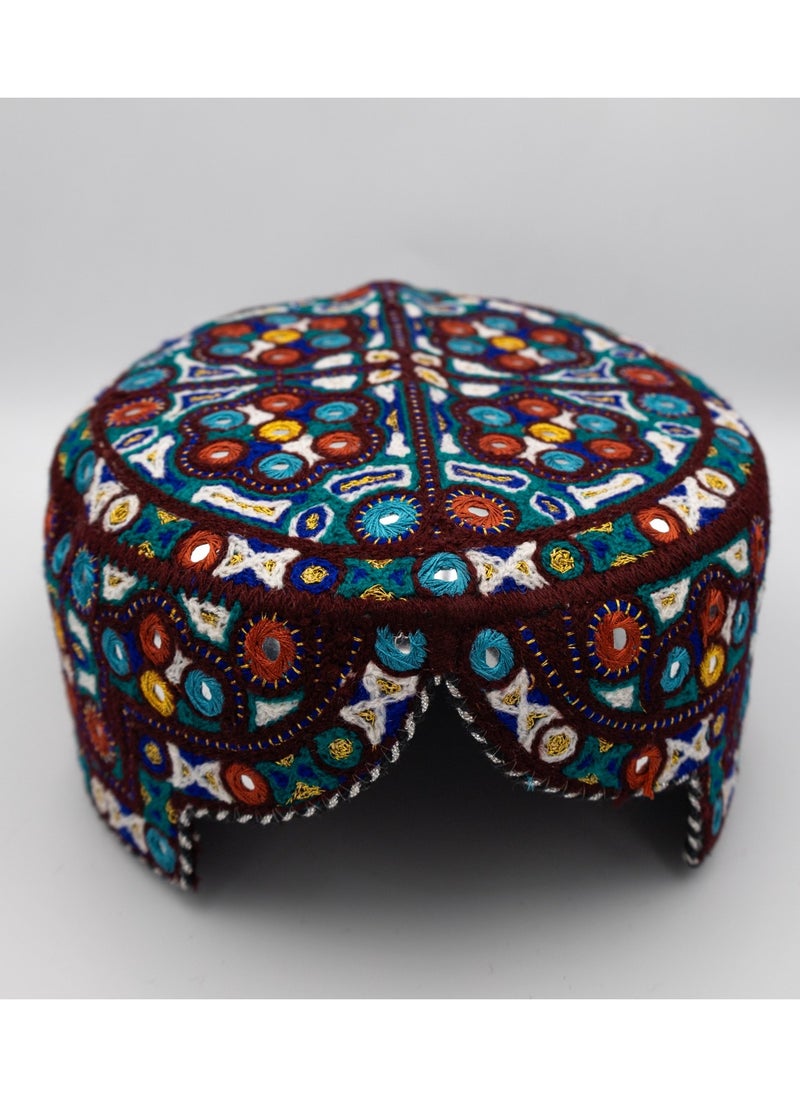 Handmade Sindhi Embroidered Cap - Traditional Ajrak & Mirror Work (Kids' Cultural Headwear)