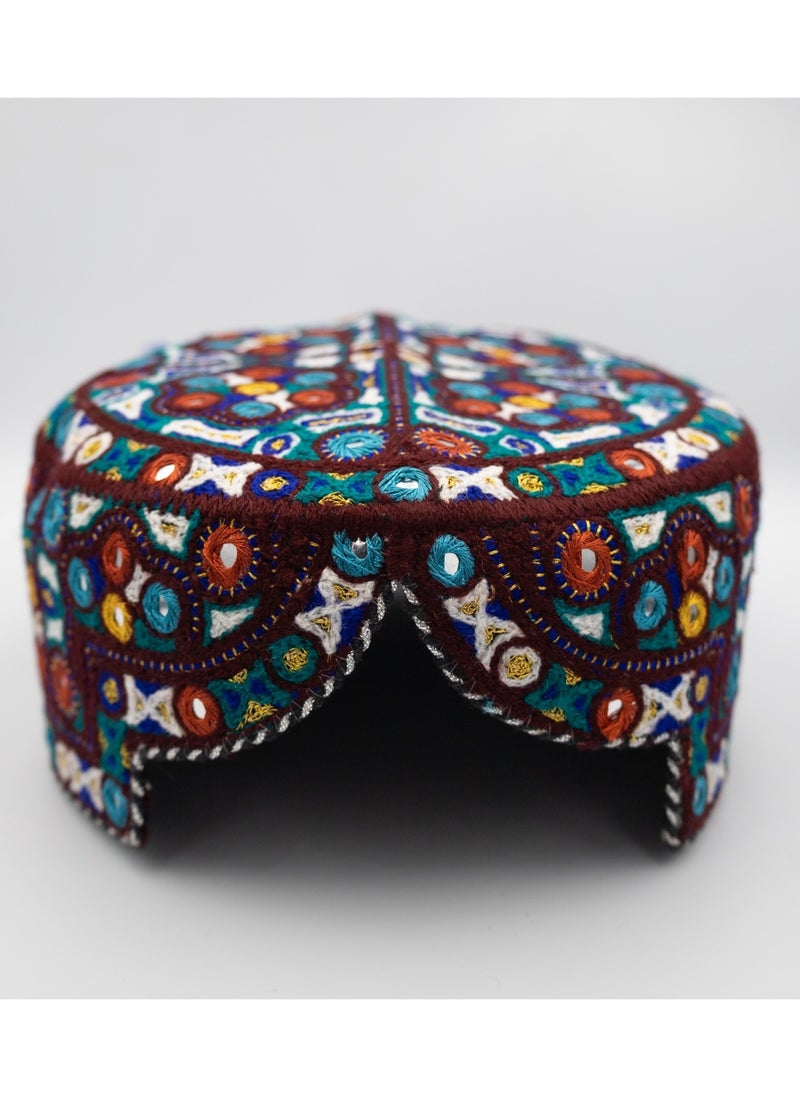 Handmade Sindhi Embroidered Cap - Traditional Ajrak & Mirror Work (Kids' Cultural Headwear)