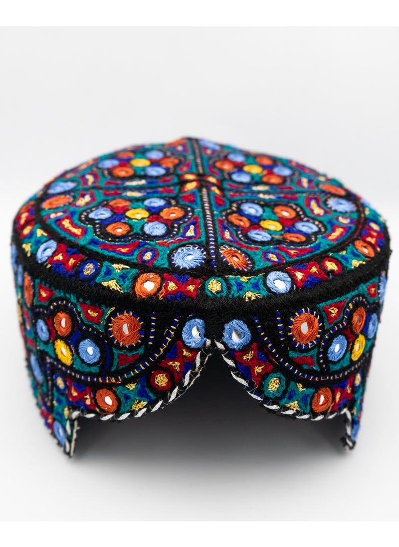 Handmade Sindhi Embroidered Cap - Traditional Ajrak & Mirror Work (Kids' Cultural Headwear)