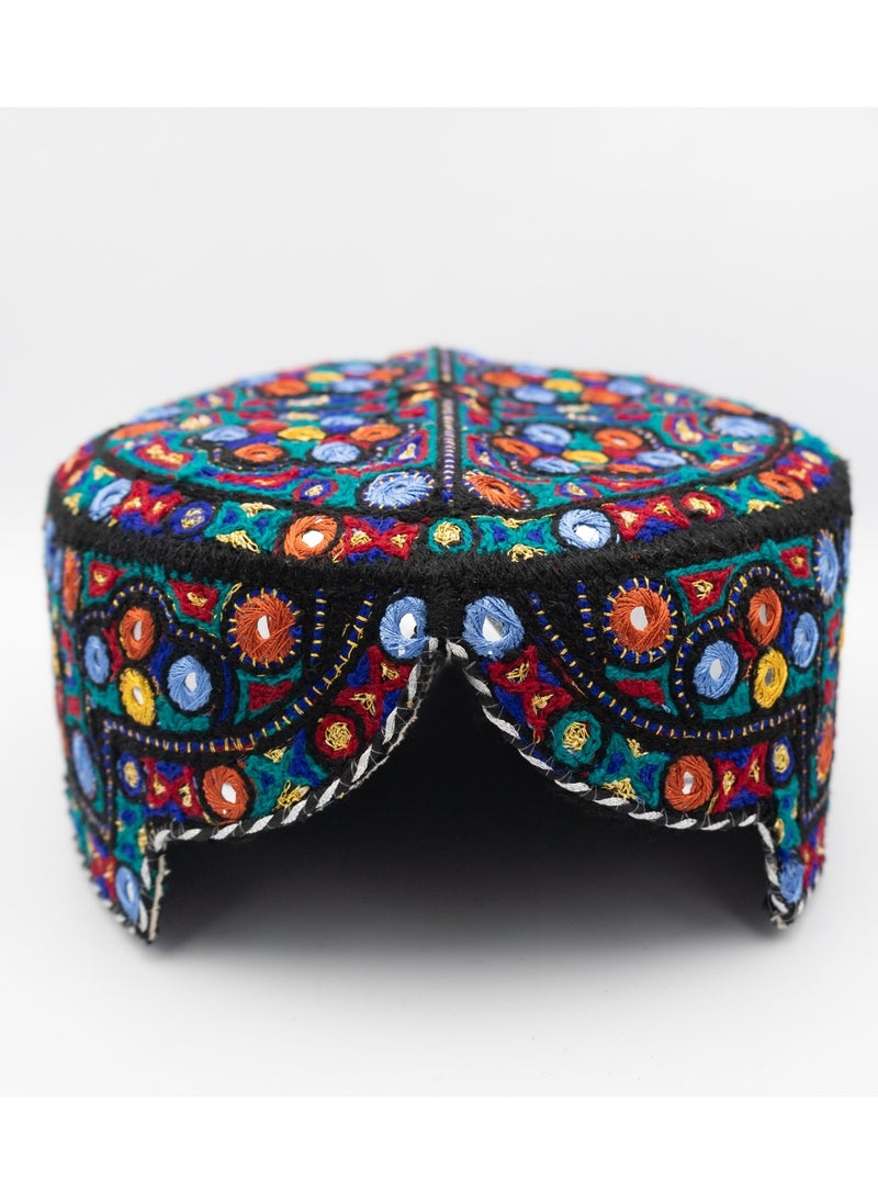 Handmade Sindhi Embroidered Cap - Traditional Ajrak & Mirror Work (Kids' Cultural Headwear)