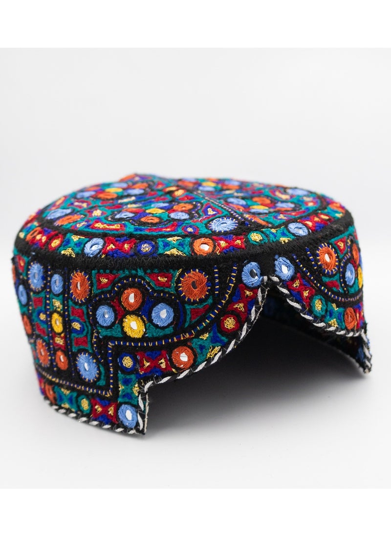 Handmade Sindhi Embroidered Cap - Traditional Ajrak & Mirror Work (Kids' Cultural Headwear)
