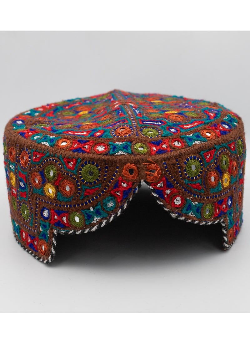 Handmade Sindhi Embroidered Cap - Traditional Ajrak & Mirror Work (Kids' Cultural Headwear)