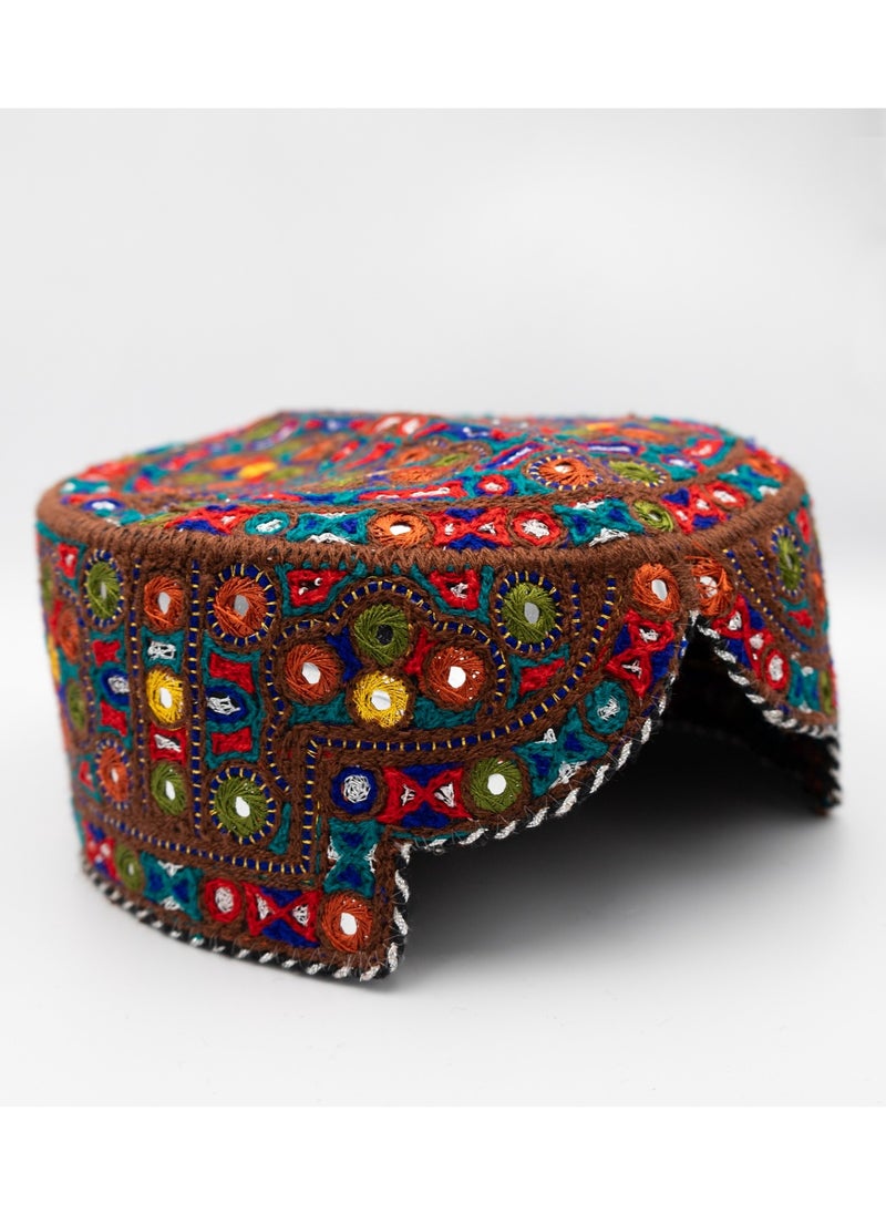 Handmade Sindhi Embroidered Cap - Traditional Ajrak & Mirror Work (Kids' Cultural Headwear)