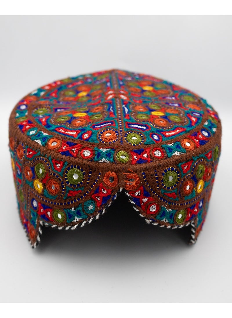 Handmade Sindhi Embroidered Cap - Traditional Ajrak & Mirror Work (Kids' Cultural Headwear)