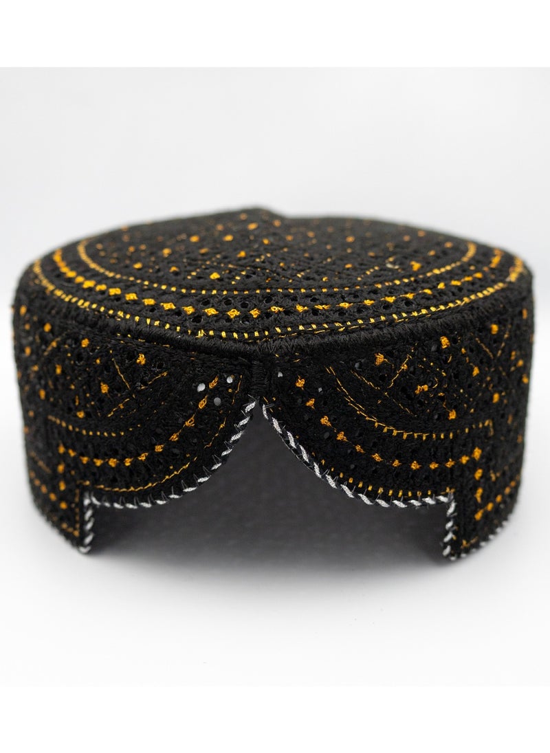 Handmade Sindhi Embroidered Cap - Black & Gold Traditional Design (Kids' Cultural Headwear)