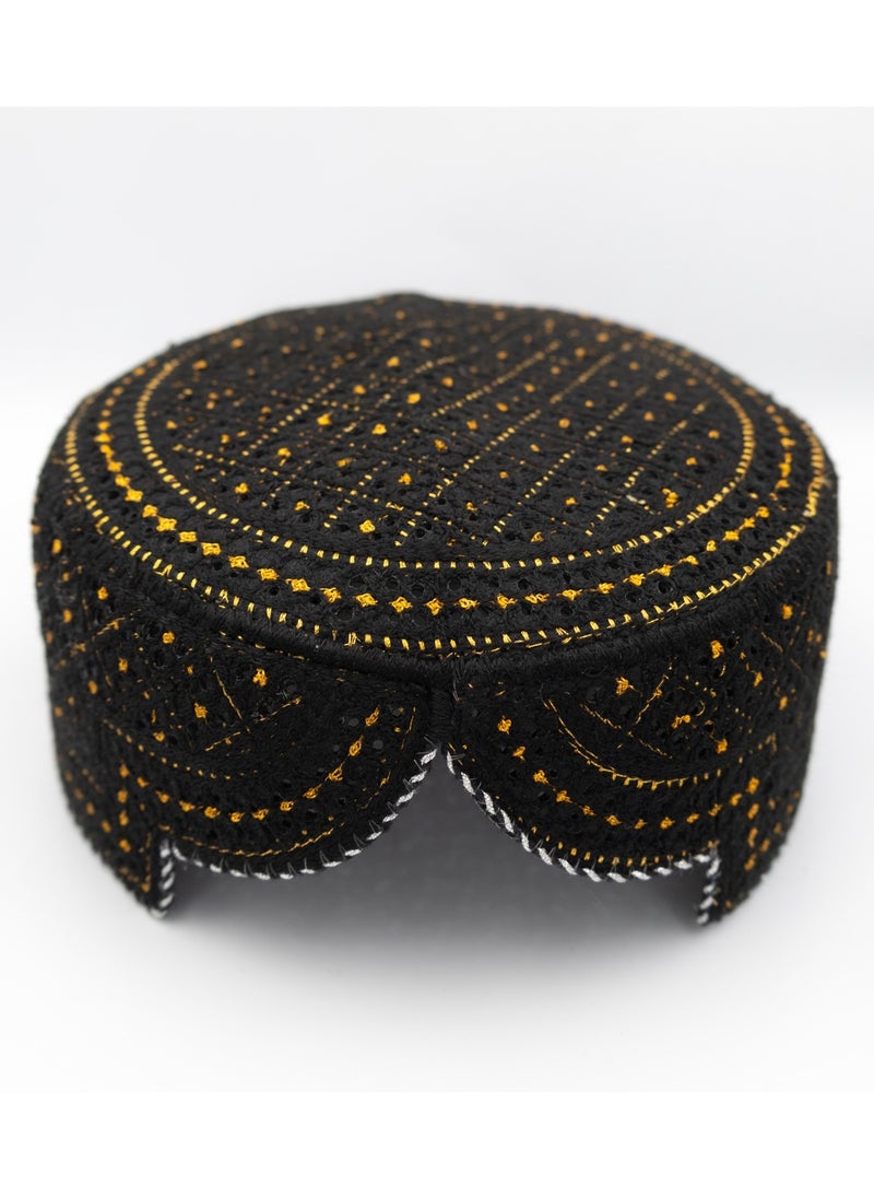 Handmade Sindhi Embroidered Cap - Black & Gold Traditional Design (Kids' Cultural Headwear)