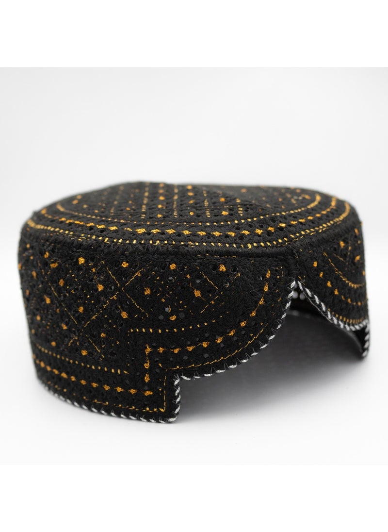 Handmade Sindhi Embroidered Cap - Black & Gold Traditional Design (Kids' Cultural Headwear)