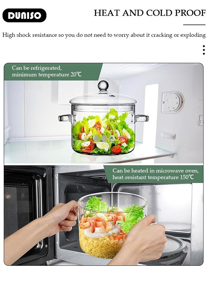 Glass Cooking Pot with Lid and Double Handles, Heat Resistant Borosilicate Glass Cookware Stovetop Pot Set, Casserole Dish, Simmer Pot with Cover Safe for Soup, Milk, Baby Food, Noodles