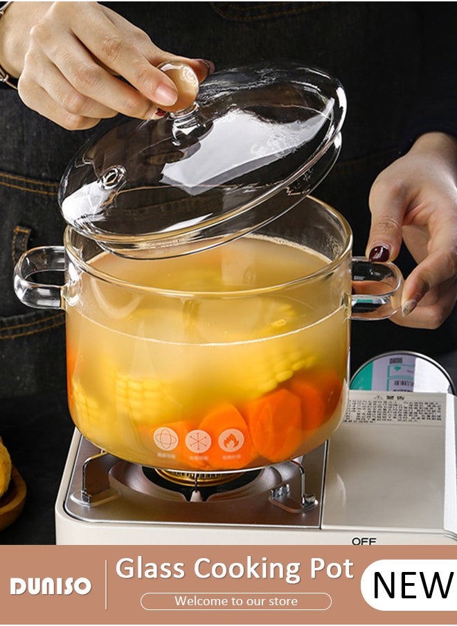 Glass Cooking Pot with Lid and Double Handles, Heat Resistant Borosilicate Glass Cookware Stovetop Pot Set, Casserole Dish, Simmer Pot with Cover Safe for Soup, Milk, Baby Food, Noodles