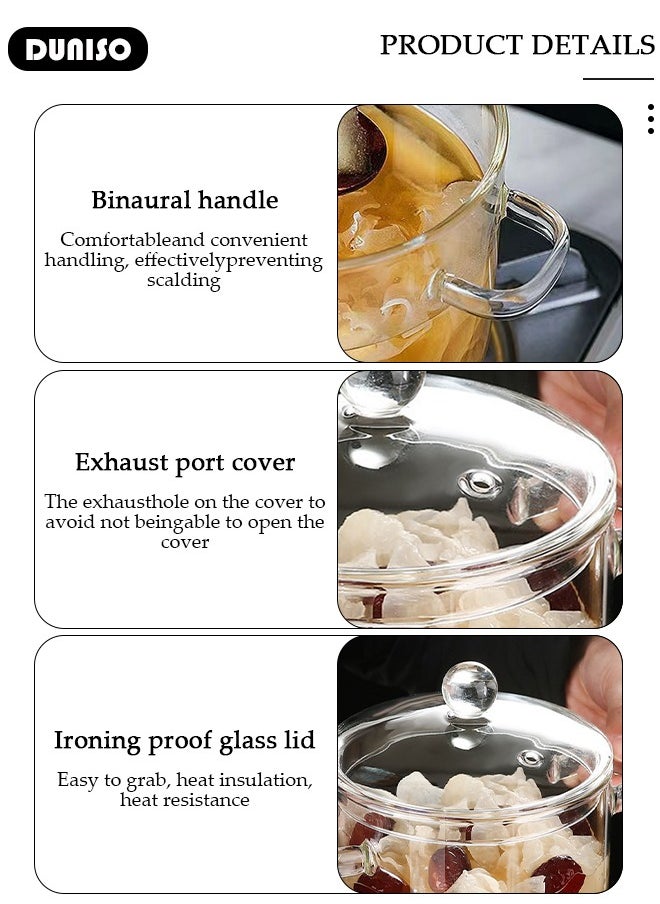 Glass Cooking Pot with Lid and Double Handles, Heat Resistant Borosilicate Glass Cookware Stovetop Pot Set, Casserole Dish, Simmer Pot with Cover Safe for Soup, Milk, Baby Food, Noodles