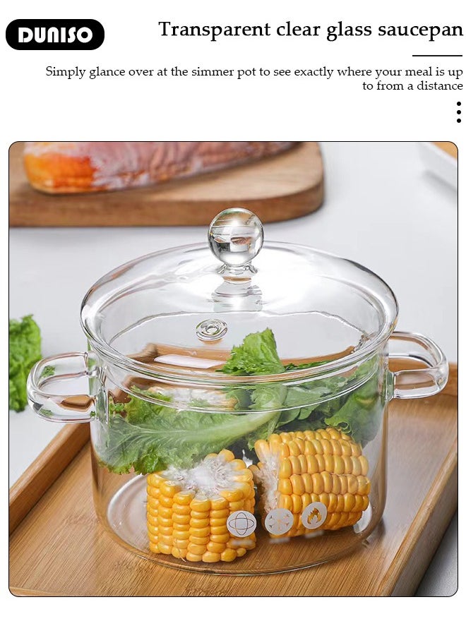 Glass Cooking Pot with Lid and Double Handles, Heat Resistant Borosilicate Glass Cookware Stovetop Pot Set, Casserole Dish, Simmer Pot with Cover Safe for Soup, Milk, Baby Food, Noodles