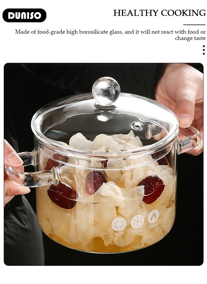 Glass Cooking Pot with Lid and Double Handles, Heat Resistant Borosilicate Glass Cookware Stovetop Pot Set, Casserole Dish, Simmer Pot with Cover Safe for Soup, Milk, Baby Food, Noodles