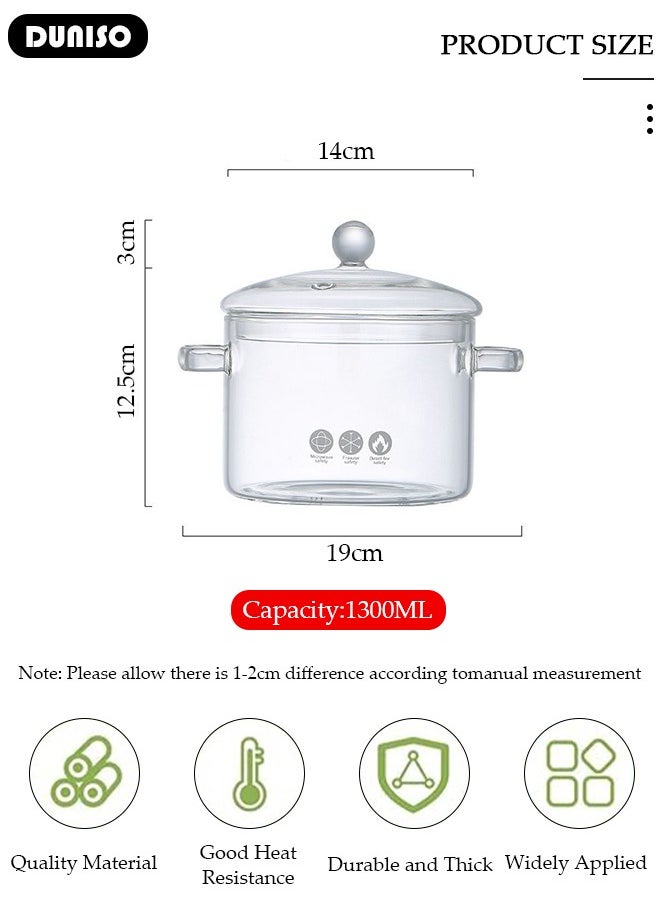 Glass Cooking Pot with Lid and Double Handles, Heat Resistant Borosilicate Glass Cookware Stovetop Pot Set, Casserole Dish, Simmer Pot with Cover Safe for Soup, Milk, Baby Food, Noodles