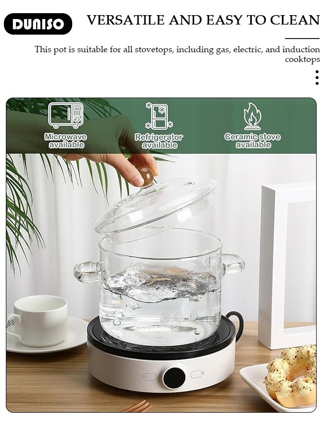 Glass Cooking Pot with Lid and Double Handles, Heat Resistant Borosilicate Glass Cookware Stovetop Pot Set, Casserole Dish, Simmer Pot with Cover Safe for Soup, Milk, Baby Food, Noodles