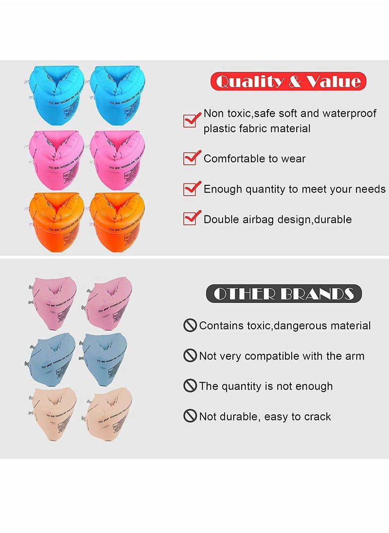 6 Pieces Inflatable Swimming Arm Floaties - PVC Swim Bands, Water Floater Sleeves, Colorful Armlets in Orange, Blue, Pink for Kids
