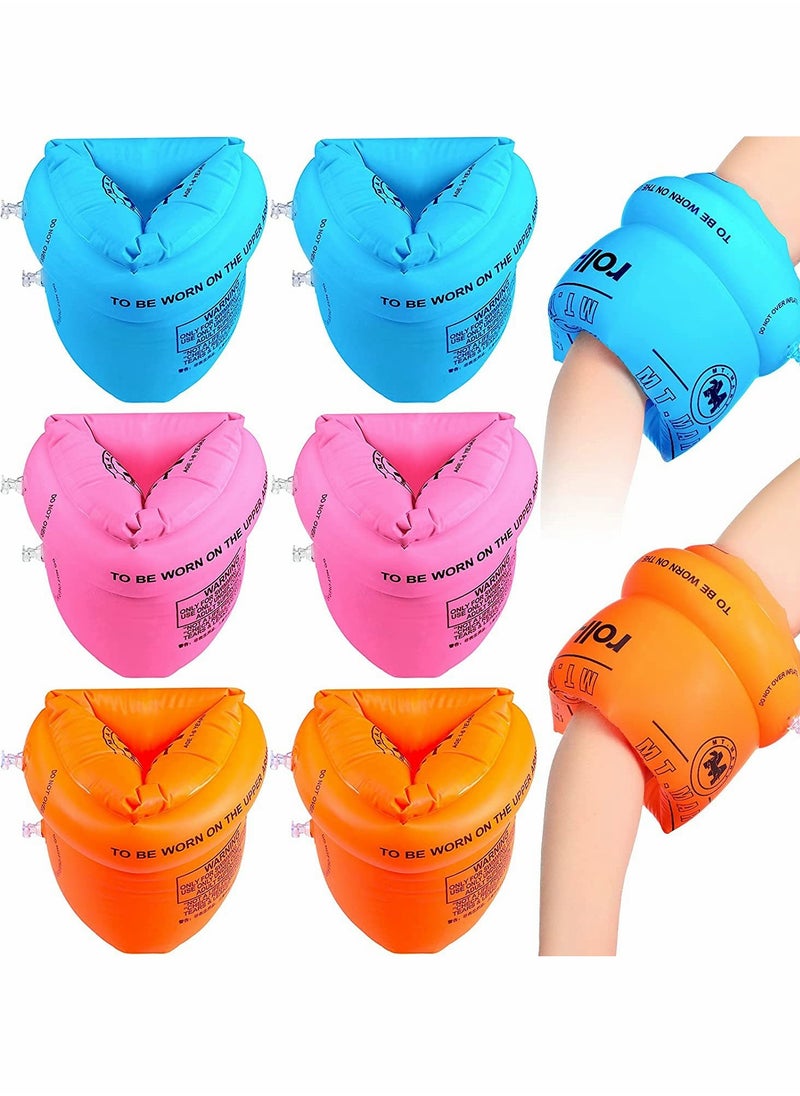 6 Pcs Inflatable Swimming Arm Floaties - PVC Swim Bands for Kids, Water Floater Sleeves in Orange, Blue u0026 Pink