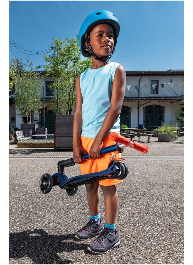 Micro Kickboard - Maxi Deluxe Foldable LED - Three Wheeled, Lean-to-Steer, Fold-to-Carry Swiss-Designed Micro Scooter for Kids with Motion-Activated Light-Up Wheels for Ages 5-12 (Blue)