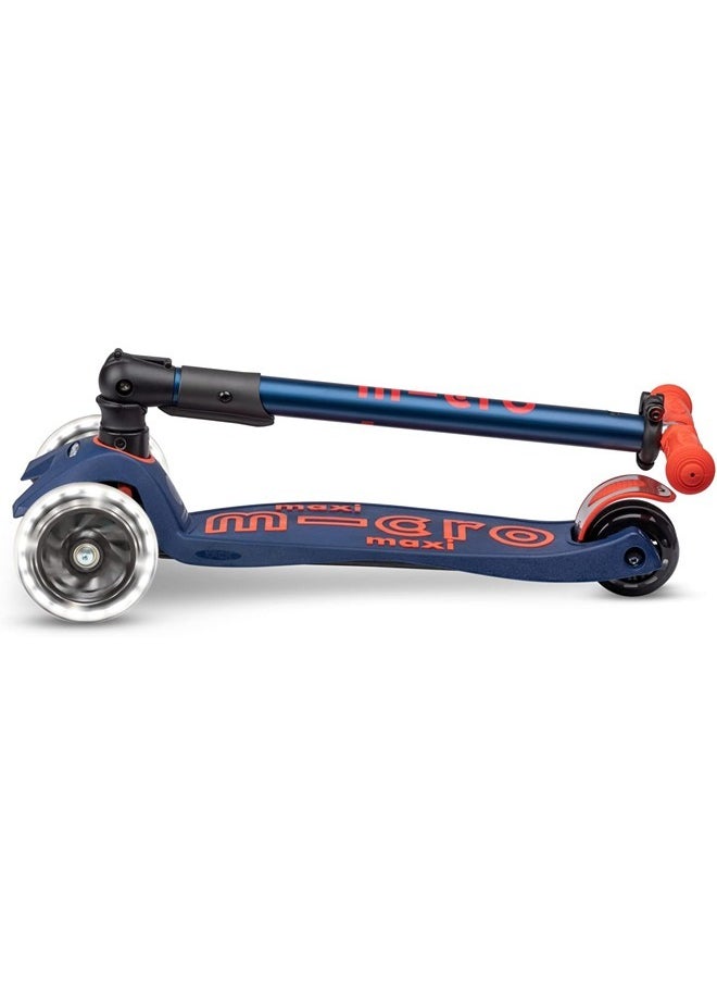 Micro Kickboard - Maxi Deluxe Foldable LED - Three Wheeled, Lean-to-Steer, Fold-to-Carry Swiss-Designed Micro Scooter for Kids with Motion-Activated Light-Up Wheels for Ages 5-12 (Blue)