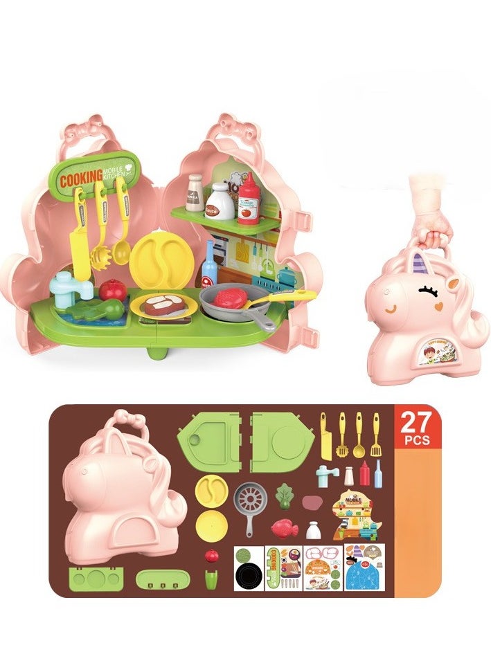 27-Piece Unicorn-Themed Kids Cooking Playset, Pretend Kitchen and Dining Set for Children, Realistic Food and Utensils