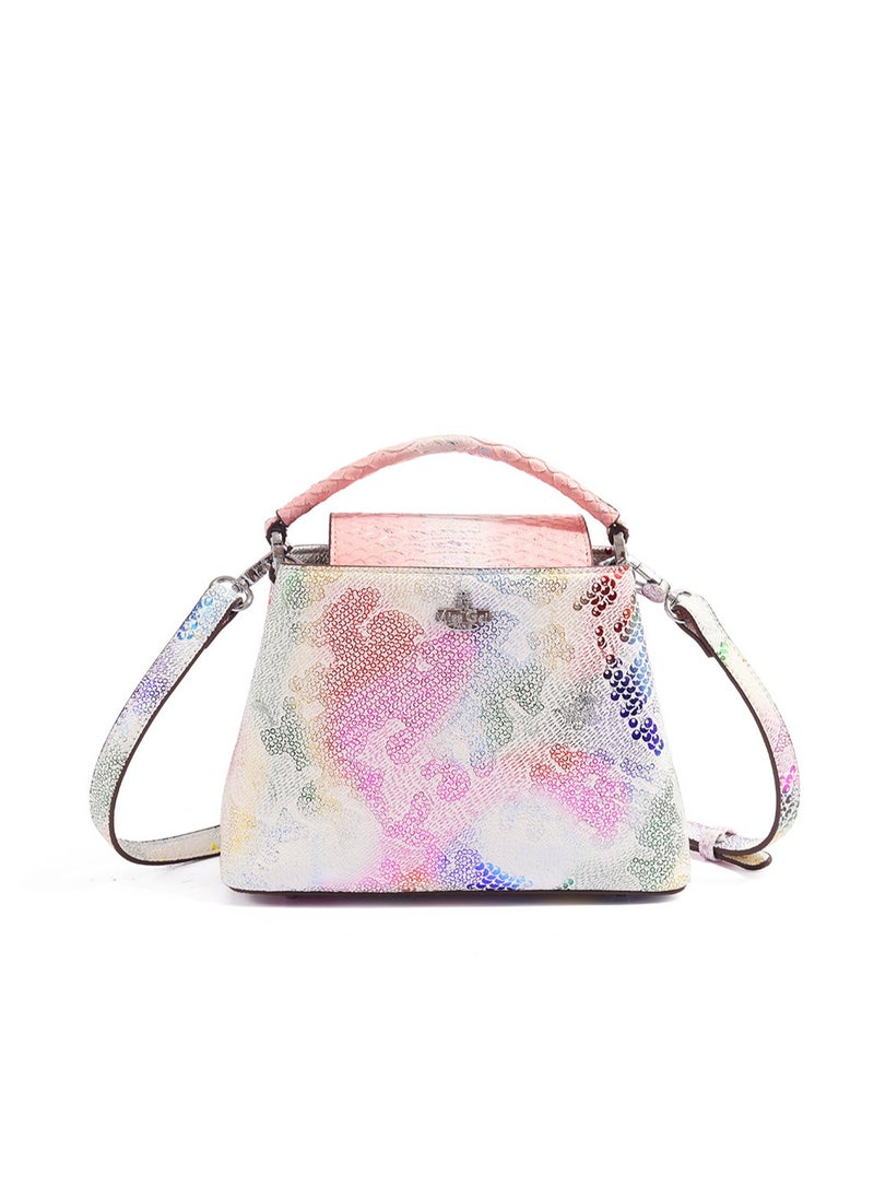 Women Top Handle Satchel Bag Pink Color Snake Print Bags Flap Crossbody Bag