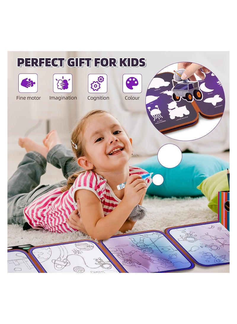 Magic Water Coloring Books for Kids - 2 in 1 Reusable Art Set with Pen u0026 Stickers, Animal u0026 Space Themes for 2-5 Year Old Boys u0026 Girls