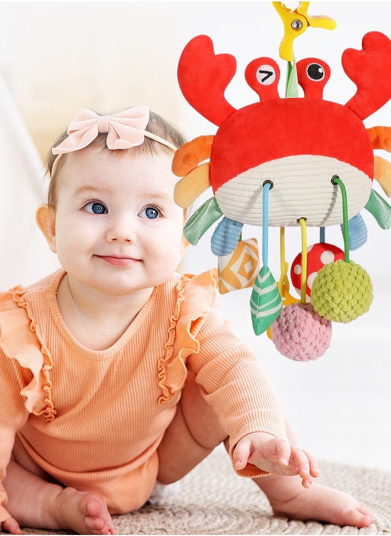 Crab Baby Pull String Toy, Infant Rattle Hanging Plush, Soothing Stroller and Crib Toy for Newborns, Baby Sensory Play (0-6 Months)