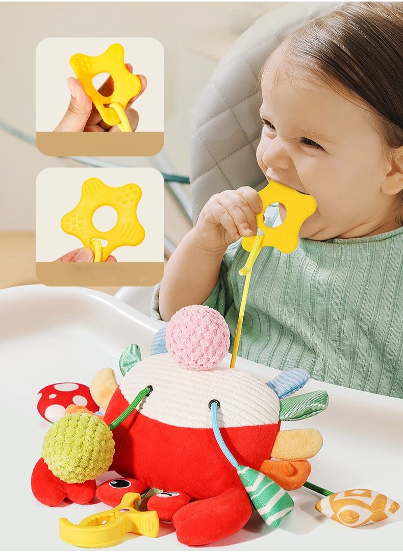 Crab Baby Pull String Toy, Infant Rattle Hanging Plush, Soothing Stroller and Crib Toy for Newborns, Baby Sensory Play (0-6 Months)