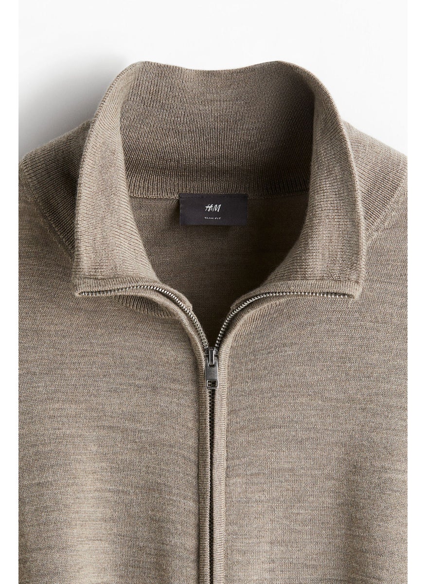 Slim Fit Zip-Through Merino Wool Cardigan