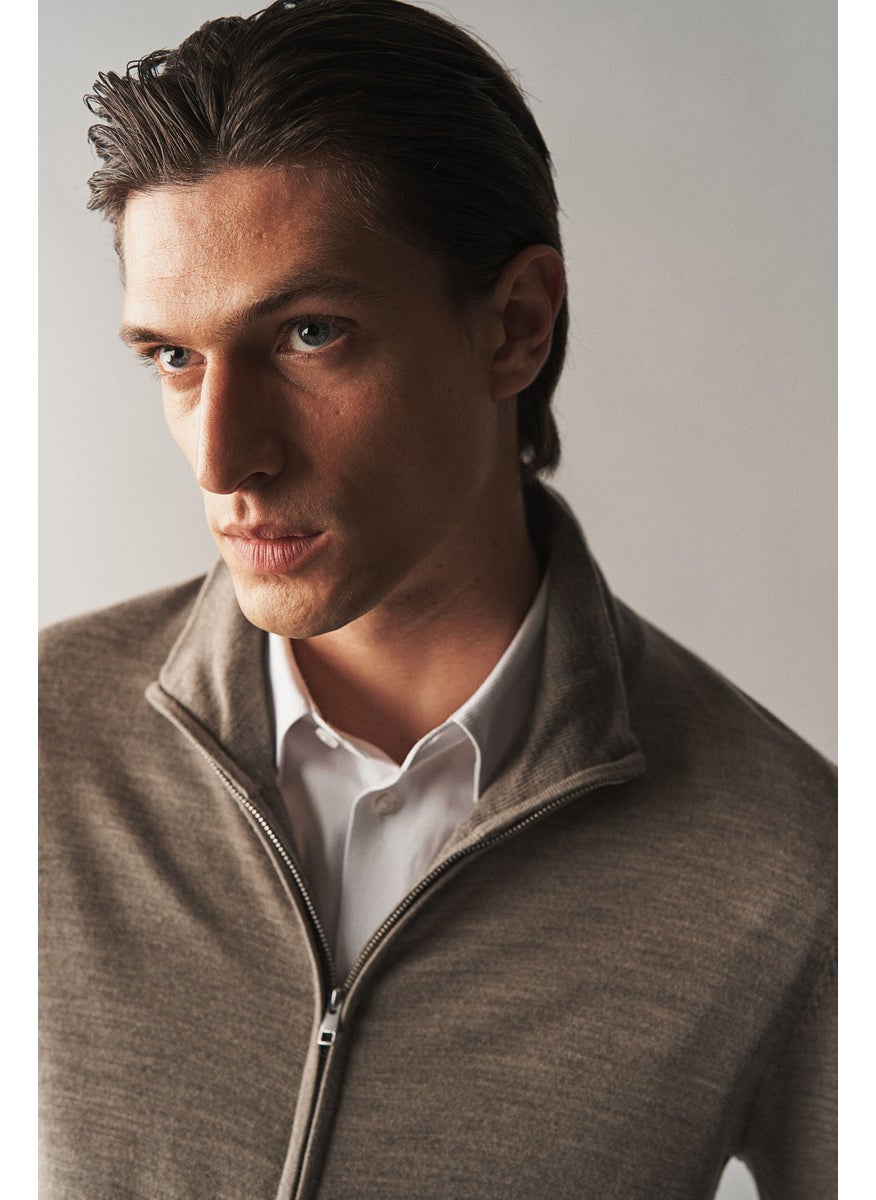Slim Fit Zip-Through Merino Wool Cardigan