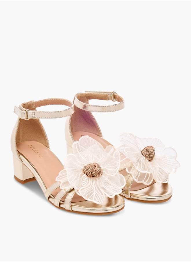 Girls' Flower Applique Sandals with Block Heels Ramadan Collection