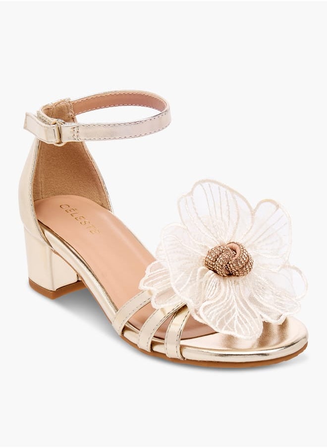 Girls' Flower Applique Sandals with Block Heels Ramadan Collection