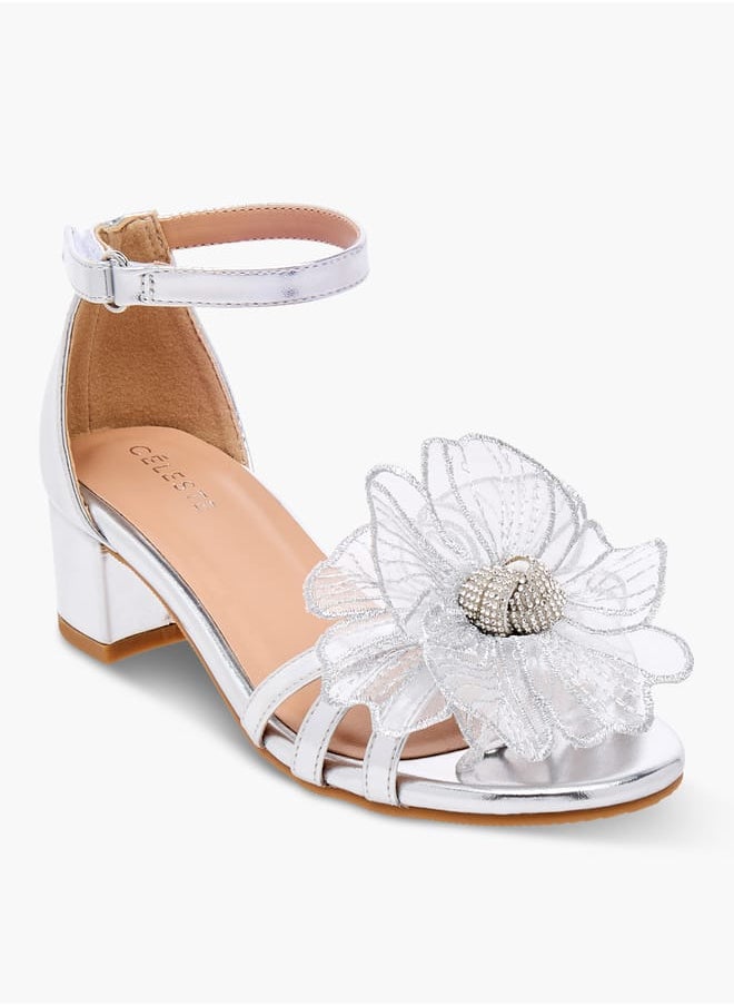 Girls' Flower Applique Sandals with Block Heels