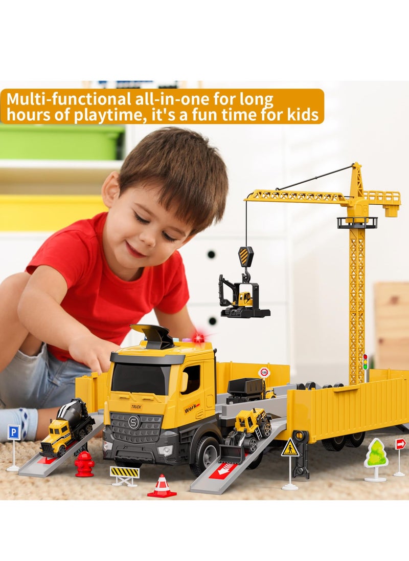 Carrier Truck Race Track Kids Toys,Construction Truck Toys Set with Crane,Excavator,Bulldozer,Dump Trucks,Cement Truck Alloy Vehicle Toys Birthday for 3 4 5 6 7 Years Old Boys Gifts