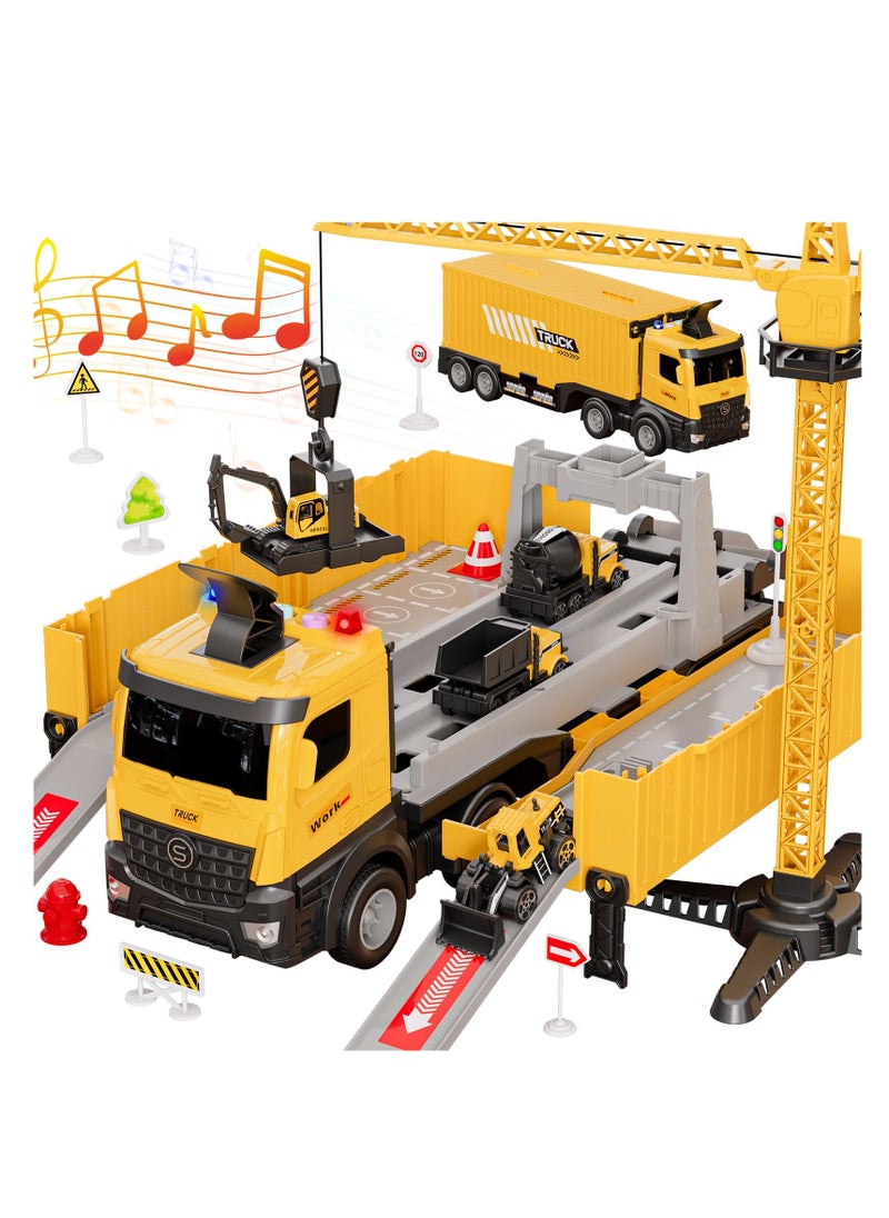 Carrier Truck Race Track Kids Toys,Construction Truck Toys Set with Crane,Excavator,Bulldozer,Dump Trucks,Cement Truck Alloy Vehicle Toys Birthday for 3 4 5 6 7 Years Old Boys Gifts